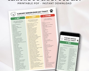 Senior Dog Food List Printable, Safe Foods for Older Dogs Chart, Eat Limit Avoid Guide, Healthy Treat Reference, Pet Care PDF