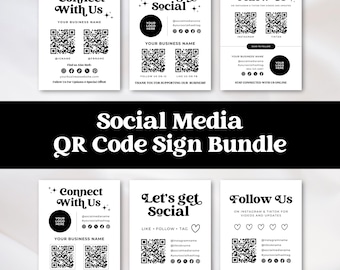 Let's Get Social QR Code Sign, Editable Social Media Sign Bundle for Hair Nail Lash Business, Connect on Instagram Tiktok, Pop Up Signage