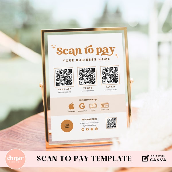 Brown Scan to Pay Retro Printable for Nail Salon, Multi QR Code Business Sign Editable in Canva, Accept CashApp, Venmo and Paypal Payments