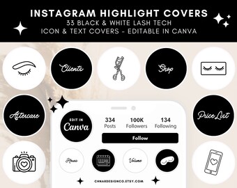 Lash Tech Instagram highlight, Download Highlights From Instagram, Black White Highlight Covers, Canva Template, beauty canva template