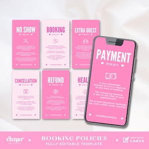 May include: A set of pink and white printable cards with booking policies for a business. The cards include policies for no shows, booking, extra guests, cancellation, refunds, health and safety, and payment. The text on the cards is in a modern, minimalist font.