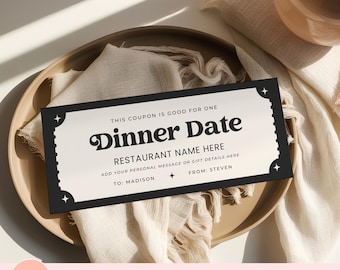 Printable Dinner Date Coupon, Editable Voucher for Date Night, Dinner Reservation Ticket Template, Romantic Anniversary Gift Certificate
