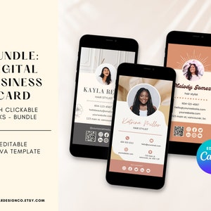 Digitaal visitekaartje, klikbare links, Canva-sjabloon, QR-code sjabloon voor visitekaartjes, direct downloaden, DIY-telefoonkaart, bewerkbare kaart