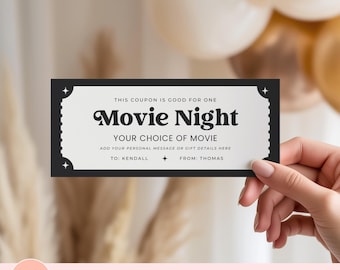 Editable Movie Night Ticket, Printable Date Night Coupon, Couples Gift Idea, Romantic Gift Voucher, Customizable Gift Certificate Template