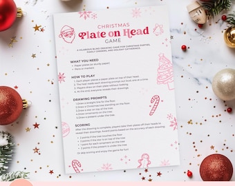 Christmas Plate on Head Game Printable, Funny Christmas Drawing Game, Holiday Party Game for Family & Friends, Easy Last-Minute Game