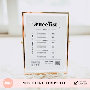 May include: A gold-framed price list template with a white background. The text "Price List" is in a bold, stylized font with stars on either side. The template includes sections for "Service 1", "Service 2", and "Service 3", with space to list service names and prices. The bottom of the template includes contact information, a QR code, and the text "How to book".