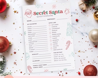 Op de afbeelding: Een Secret Santa-vragenlijst met een feestelijk ontwerp. De bovenkant van de pagina bevat de woorden "Secret Santa Questionnaire" en een illustratie van de kerstman. De vragenlijst bevat secties voor favorieten, cadeauvoorkeuren en een verlanglijstje.