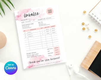 Pode incluir: Um modelo de fatura em aquarela rosa e branca com o texto "invoice" em itálico preto. A fatura inclui campos para o número da fatura, data, data de vencimento do pagamento, destinatário, descrição, quantidade, custo unitário e valor. A fatura também inclui campos para o subtotal, imposto, desconto e total. A fatura tem uma mensagem de agradecimento na parte inferior.