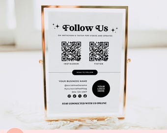 Editable Follow Us On Social Media QR Code Sign, Small Business Social Media Sign, Printable Connect With Us Store Signage, Nail Tech Sign