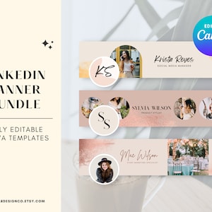 May include: Three editable LinkedIn banner templates with gold accents and a pink background. The first banner features a photo of a woman with the text "Krista Reyes, Social Media Manager". The second banner features a photo of a woman with the text "Sylvia Wilson, Product Stylist". The third banner features a photo of a woman with the text "Mac Wilson, Event Marketing Specialist".