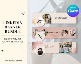 Linkedin Banner Canva - Template Bundle, editable banner, Professional Banner, minimalist, personal branding, rose gold, feminine, neutral