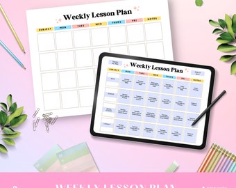 Puede incluir: Una plantilla de plan de lección semanal imprimible con un diseño colorido. La plantilla está dividida en secciones para la materia, el día de la semana y las notas. La plantilla está disponible en formatos PDF y Canva.