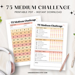 Può includere: Tracker stampabile 75 Medium Challenge con una griglia di calendario per 75 giorni. Il tracker è diviso in tre settimane con un elenco di abitudini quotidiane da seguire. Le abitudini includono: seguire una dieta, 45 minuti di allenamento, limitare i pasti cheat e l'alcol, bere 8 bicchieri d'acqua, leggere 10 pagine e scattare una foto di progresso.