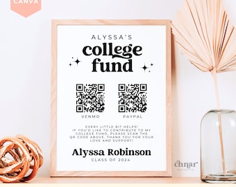 College Fund QR Code Sign, Minimalist High School Graduation Sign Template, Editable Graduation Party Decor, Printable Tip the Graduate Sign