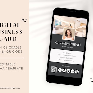 Biglietto da visita Digital Tap, link cliccabili scheda codice qr, modello canva minimalista, agente immobiliare, parrucchiere, allenatore, biglietto da visita truccatore