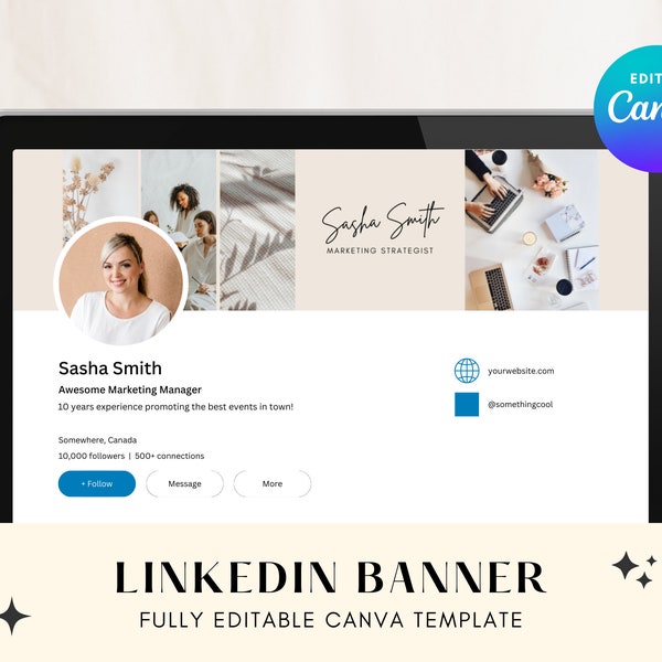 Linkedin Banner Canva, bewerkbare sjabloon, beige minimalistisch bannerontwerp, profielbranding, headersjabloon, professionele banner