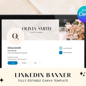 May include: A LinkedIn banner template for an event planner. The banner features a light brown background with a white marble texture. The text "OLIVIA SMITH EVENT PLANNER" is displayed in black text. A circle with the initials "OS" is in the top left corner. The banner also includes a photo of a bouquet of flowers and a call to action to "EDIT IN CANVA".