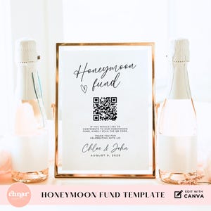 Plantilla editable de Canva para letrero de fondo de luna de miel, tarjeta DIY para el pozo de los deseos con código QR, letrero imprimible para fondo de boda con Venmo Cashapp