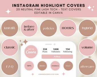 Evidenziazione Instagram di Lash Tech, Copertine per evidenziazioni rosa neutre, Modello Canva, copertine per evidenziazioni ig per ciglia, copertine per evidenziazioni rosa