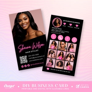 Plantilla de Canva para tarjeta de presentación de influencers, plantilla de tarjeta de presentación de Instagram para bricolaje para tecnología de pestañas, uñas, pelucas, código QR editable para escanear y reservar