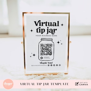 Peut inclure: Un modèle imprimable pour une tirelire virtuelle. Le modèle présente une illustration en noir et blanc d'un bocal en verre avec un code QR et le texte "Tirelire virtuelle" et "Nom de votre entreprise". Le modèle comprend également le texte "Venmo yourbusiness" et "Merci !" ainsi que des icônes de médias sociaux.