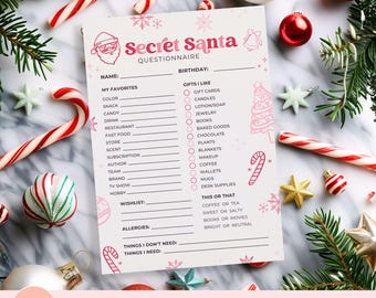May include: A pink and white Secret Santa questionnaire with fill-in-the-blank sections for favorites, wishlist, and gift preferences. The design includes festive illustrations and candy canes, perfect for holiday gift exchanges.