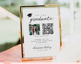QR Code For Grad Party, DIY Tip The Grad Table Sign, Venmo Cash Gift For Graduation, College Fund QR, Editable Class of 2026 Photo Template