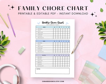 Family Chore Chart, Editable PDF Template, Instant Download, Family Planner, Weekly Kids Responsibility, Cleaning Schedule, Daily Chores