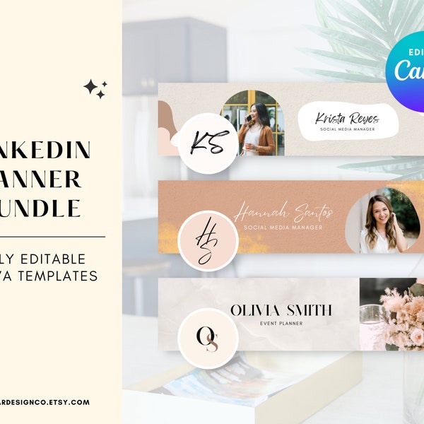 Linkedin Banner Template Bundle, Edit in Canva, Professional Banner for marketing manager, aesthetic branding, gold foil, feminine, marble