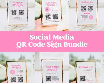 Pink Social Media QR Code Signs Bundle for Lash Hair Nails Business, Canva Editable Instagram QR Signs, Connect With Us, Let’s Get Social