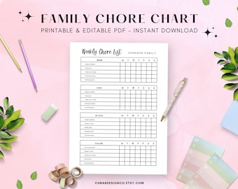 Family Chore Chart Template, Editable PDF, Instant Download, Family Planner, Weekly Kids Responsibility, Cleaning Schedule, Daily Chores