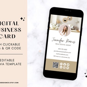Edición de tarjetas de presentación digitales en Canva, código QR de enlaces en los que se puede hacer clic, plantilla de Canva para agentes inmobiliarios, estilistas, técnicos de pestañas y entrenadores de bienestar