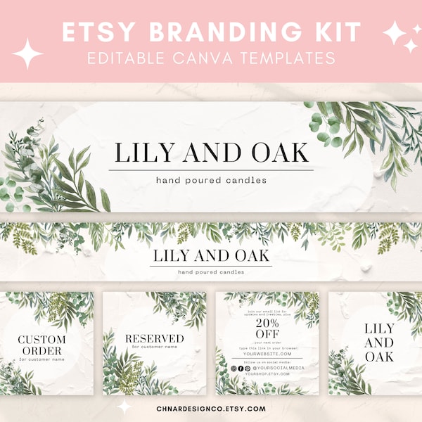 Etsy Branding Kit - 10 Greenery Canva Templates, Etsy Banner Canva Template, Editable templates for commercial use, Brand Kit Template