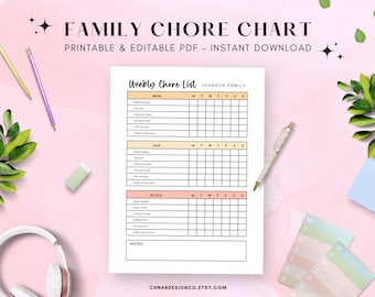 Editable Family Chore Chart Template, Instant Download, Family Planner, Weekly Responsibility, Cleaning Schedule, Daily Chores, House Chores