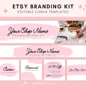 Etsy Branding Kit - 11 Pink Minimalist Boho Editable Canva Templates, canva templates for commercial use, etsy mockup, diy business graphics