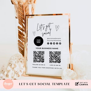 Afdrukbaar Lets Get Social-bord voor salon, Connect with Us-sjabloon voor sociale media, bewerkbare QR-code bewegwijzering voor kleine bedrijven, display voor doe-het-zelfmarkt