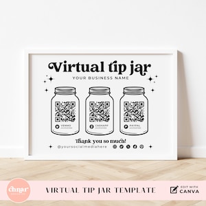 Tip Jar With QR Code, DIY Virtual Payments Sign for Salon, Bartender, Events, Editable Canva Template, Printable Venmo Cashapp Payment Sign