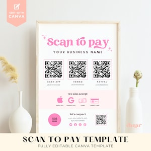 Editable QR Code Sign for Hair Salon, Lash Artist, Scan to Pay Template, Printable Payment Sign, Edit in Canva, Venmo and CashApp Payments