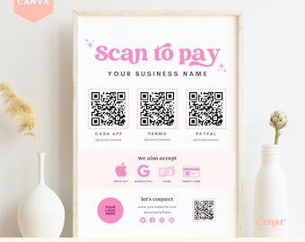 Editable QR Code Sign for Hair Salon, Lash Artist, Scan to Pay Template, Printable Payment Sign, Edit in Canva, Venmo and CashApp Payments
