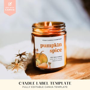 Printable Fall Candle Label Template , Editable Watercolor Pumpkin Spice Label Design, Autumn Candle Jar Label Sticker, DIY Halloween Labels