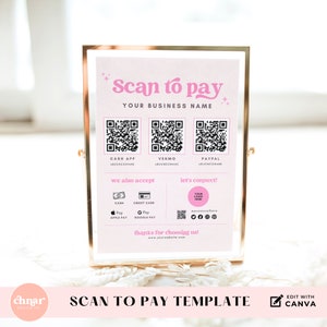 Scan to Pay to Zelle Sign with QR Code for Hair Salons and Small Business, Cash App and Venmo Payments, Retro Style Editable Canva Template