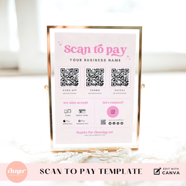 Scan to Pay to Zelle Sign with QR Code for Hair Salons and Small Business, Cash App and Venmo Payments, Retro Style Editable Canva Template