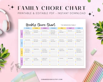 Family Chore Chart Editable Template, Instant Download PDF, Colorful Family Planner, Weekly Responsibility, Cleaning Schedule, Daily Chores