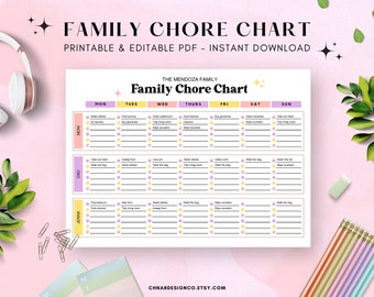 Colorful Family Chore Chart, Editable Template PDF, Weekly Cleaning Schedule, Instant Download, Weekly Responsibility, Cleaning Planner