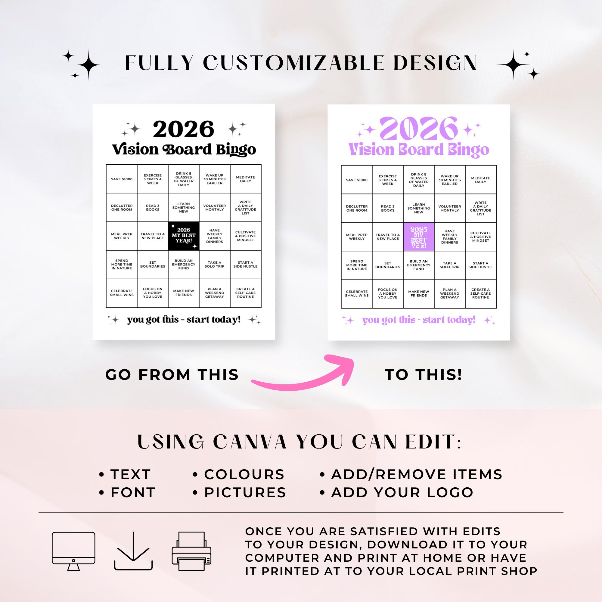 Editable Vision Board Bingo Card, 2026 Goals Tracker Canva Template ...