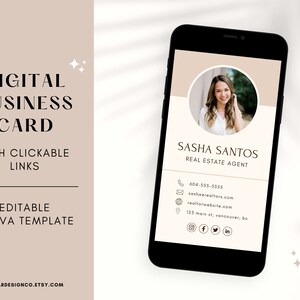 Liens cliquables de carte de visite numérique modifiables, modèle canva minimaliste propre pour agent immobilier, coiffeur, coach, technicien des ongles, maquilleur