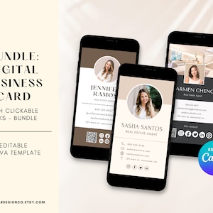 Digitaal visitekaartje, klikbare links QR-code, sjabloon voor visitekaartjes Canva, vastgoedmarketing, makelaarsvisitekaartje, makelaarssjabloon