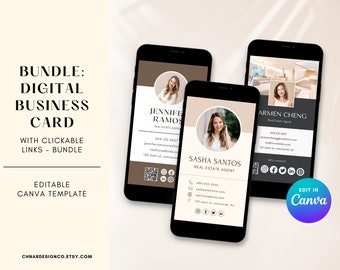 Digitalt visitkort, klickbara länkar QR-kod, visitkortsmall Canva, fastighetsmarknadsföring, mäklarvisitkort, mäklarmall