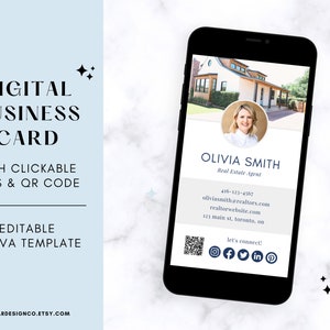 Tarjeta de presentación de agente inmobiliario, código qr de enlaces en los que se puede hacer clic en tarjeta de presentación digital, plantilla canva minimalista para agente inmobiliario, estilista, entrenador, técnico de uñas