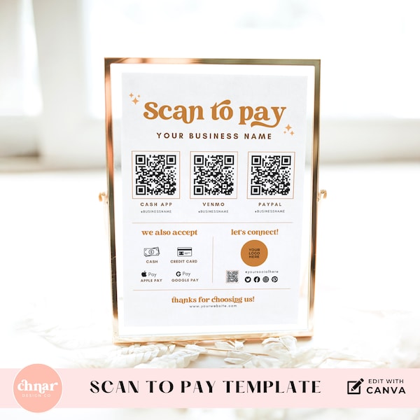 Scan to Pay Retro Business Sign for Salon and Small Business, Editable Canva Template, QR Code to Accept CashApp, Venmo and Zelle Payments